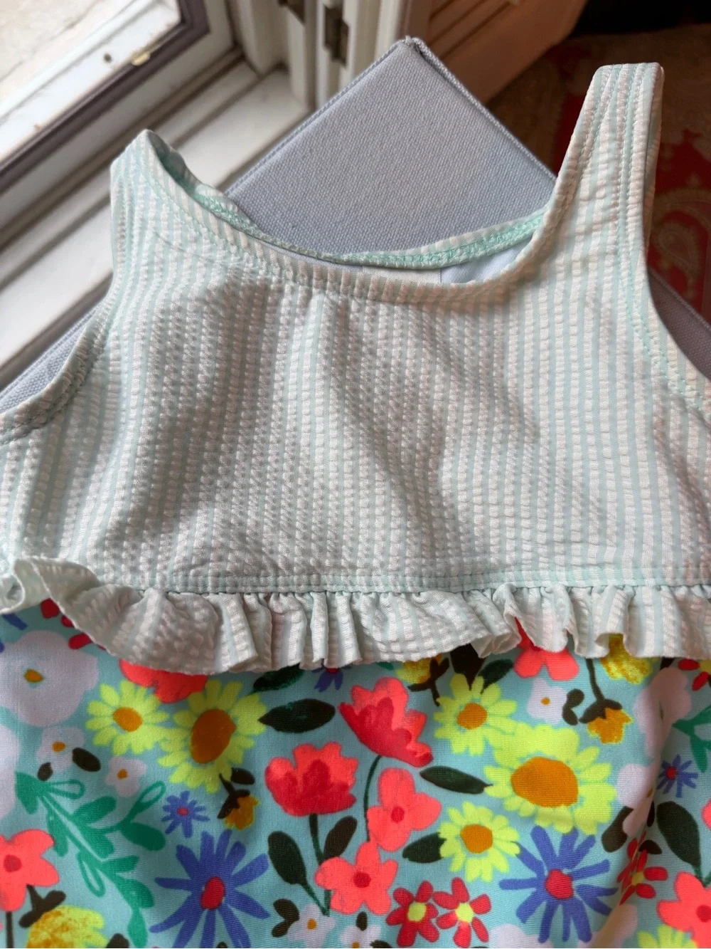 Girls Floral One-Piece Swimsuit with Ruffle Top has Seersucker Look 3T